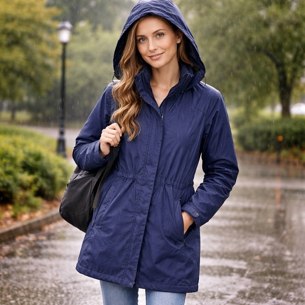 L.L.Bean Women's Hooded Waterproof Rain Jacket XS Navy Fleece Lined‎ Parka Coat